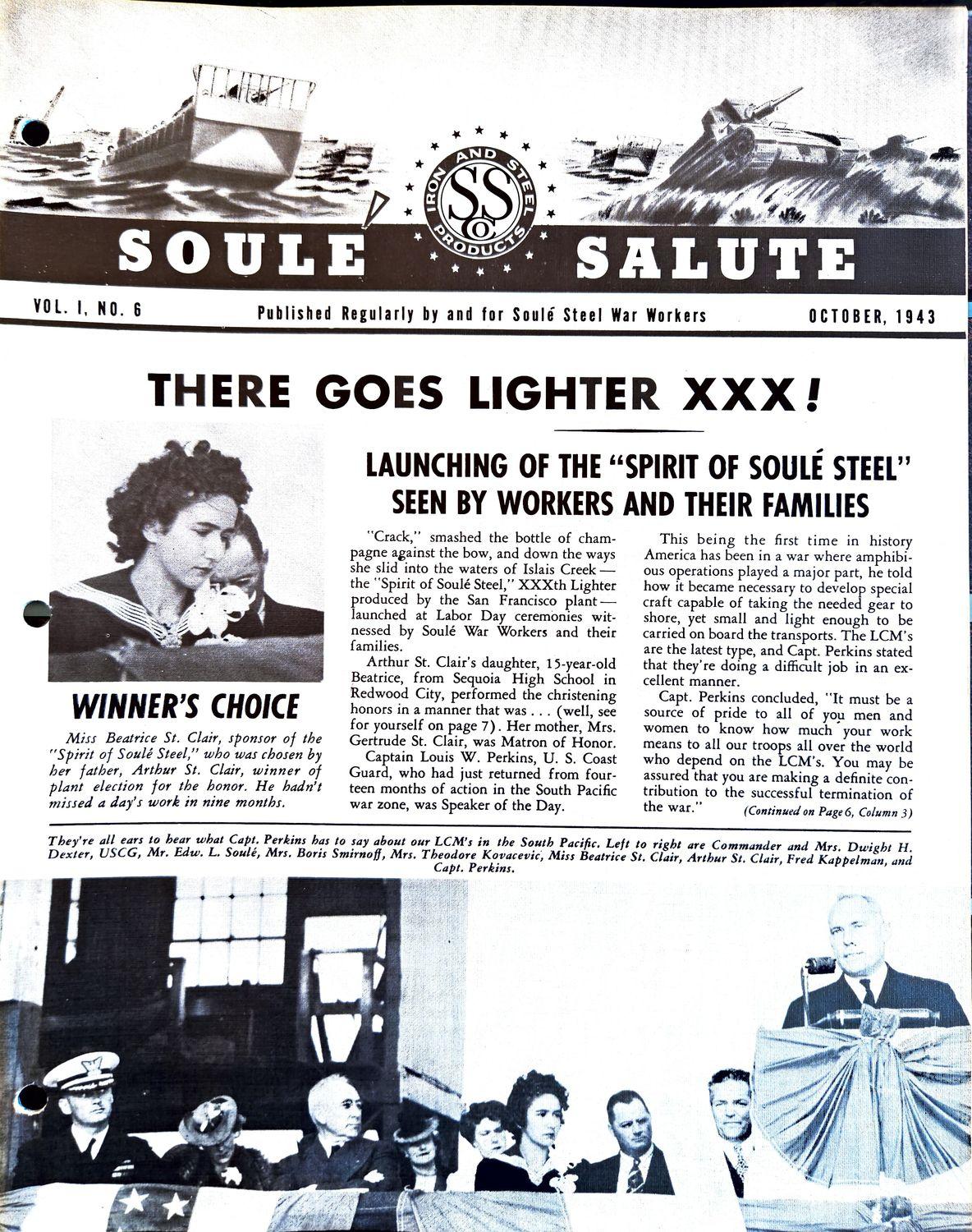 1943 Soule Steel newsletter cover with boat illustration and launching ceremony photos.