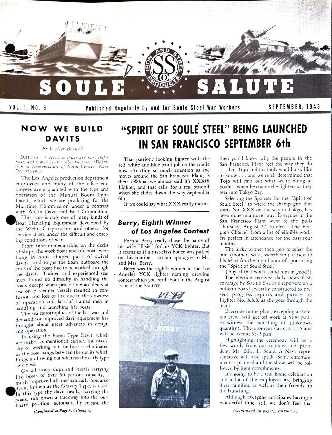 1943 Soule Steel newsletter cover with ship launch headline and photo of a man in a hard hat.