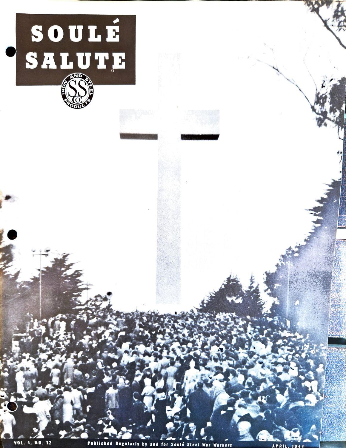 Black-and-white photo of a large outdoor crowd beneath a Soule Salute masthead.