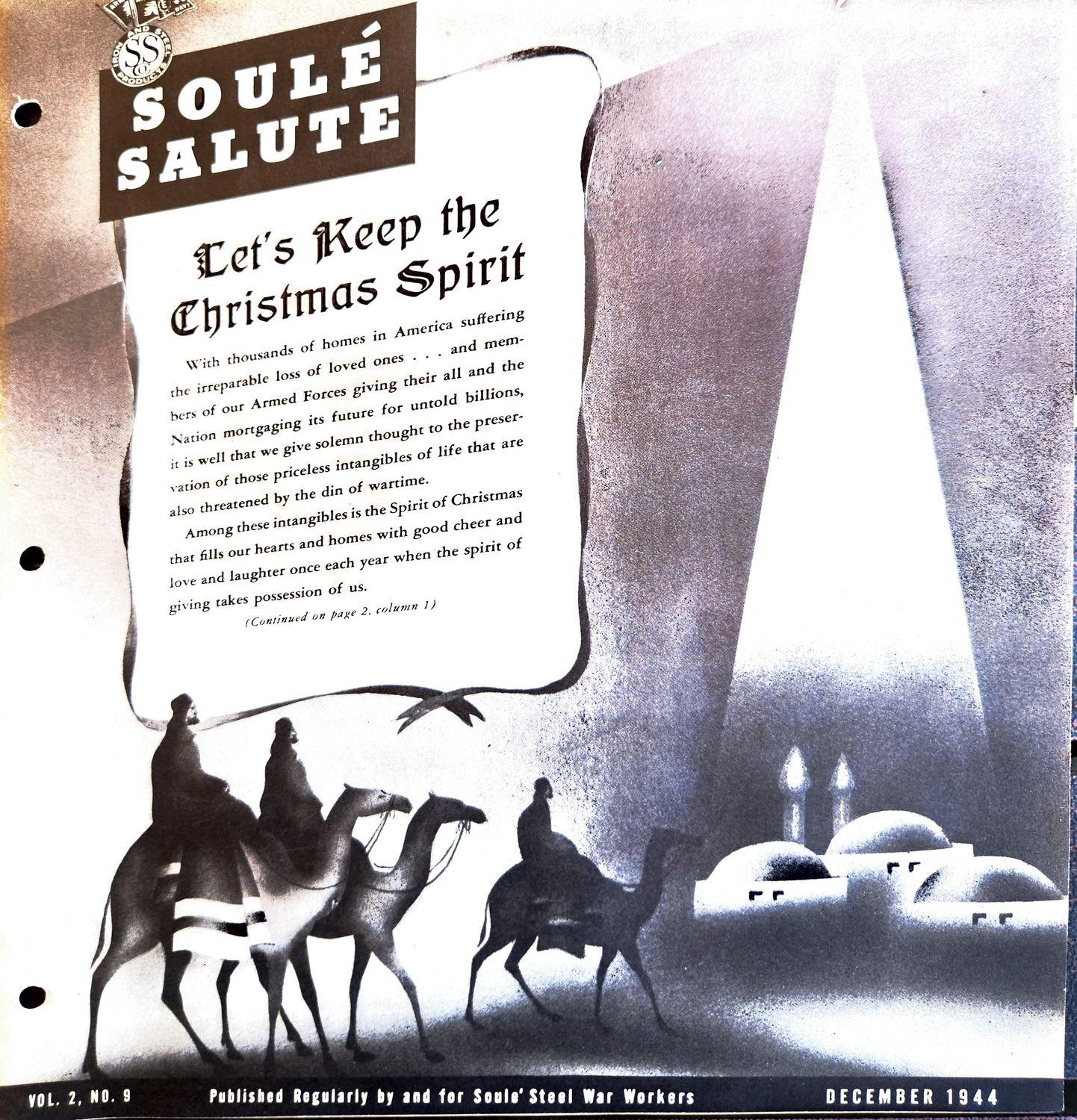 Newsletter cover with headline banner and illustration of camels with riders under a beam of light.