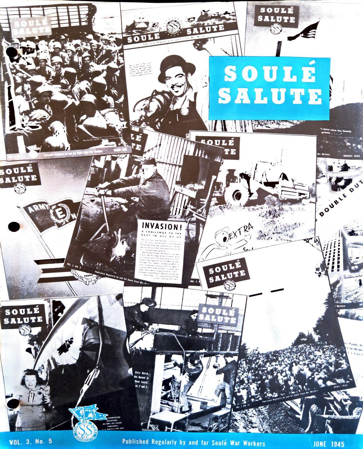 Collage of 1945 factory photos and headlines on a newsletter cover