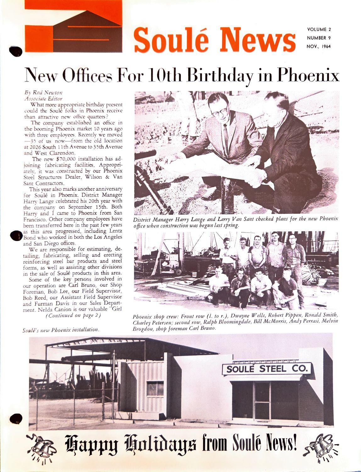 1964 Soule News newsletter cover with headline, photos of men and a building, and holiday greeting.