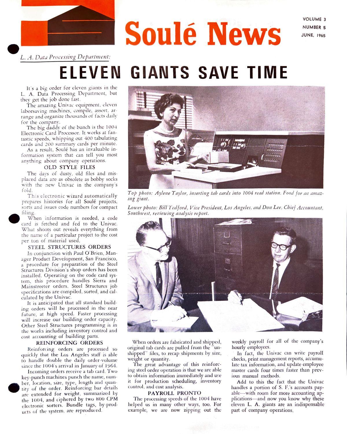 Woman in floral dress operating a tabulating machine on a Soule News cover.