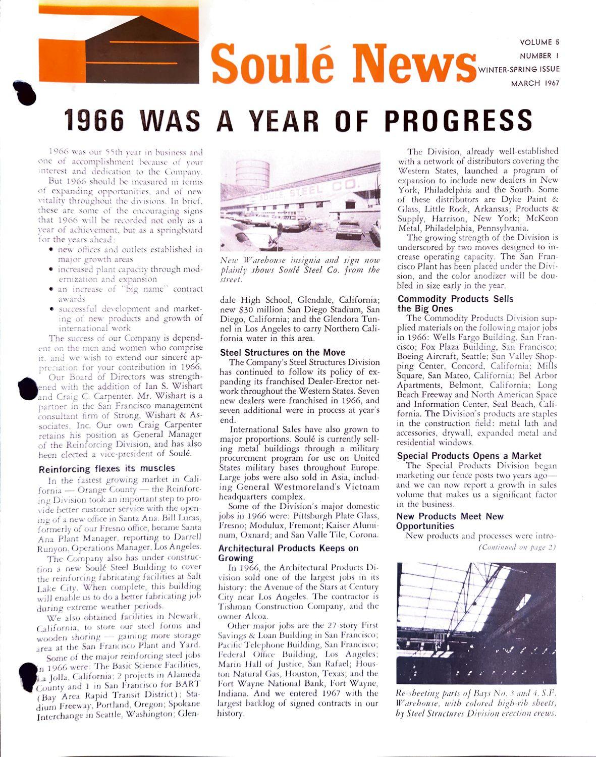 Newsletter cover with headline '1966 Was a Year of Progress' and a warehouse photo.