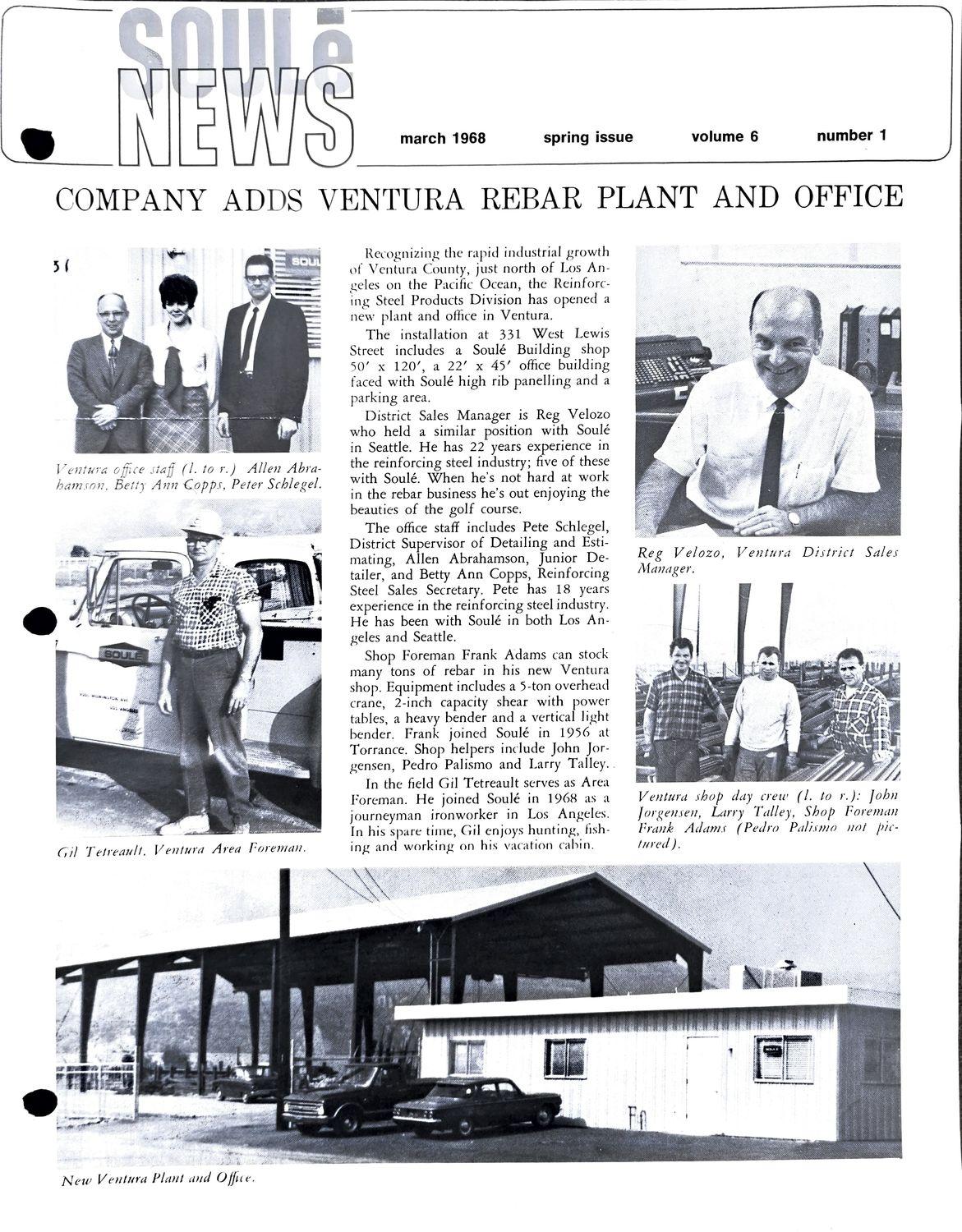 1968 newsletter cover with headline and photos of staff and a new industrial building.