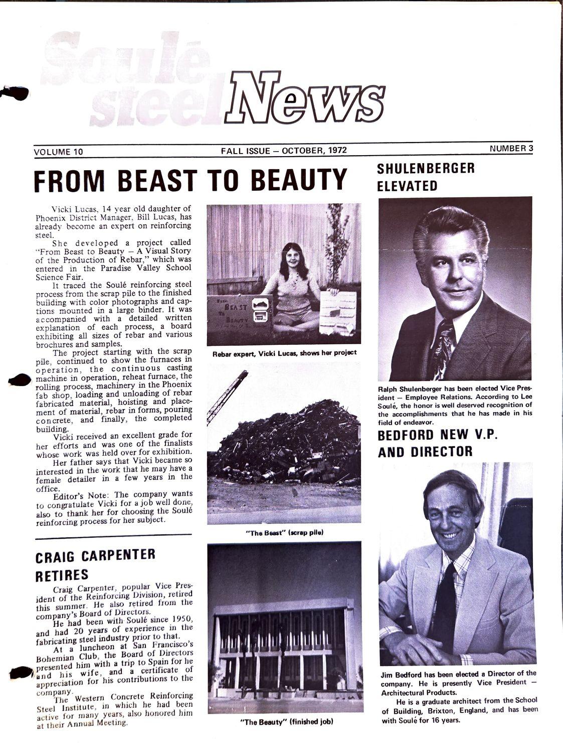 1972 Soule Steel newsletter cover with rebar photos and employee portraits