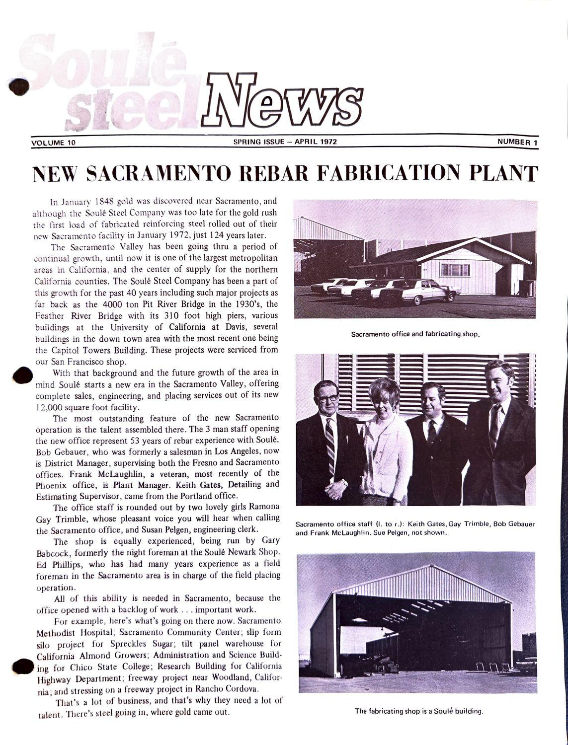 Newsletter cover with headline, text, and photos of a building and office staff.