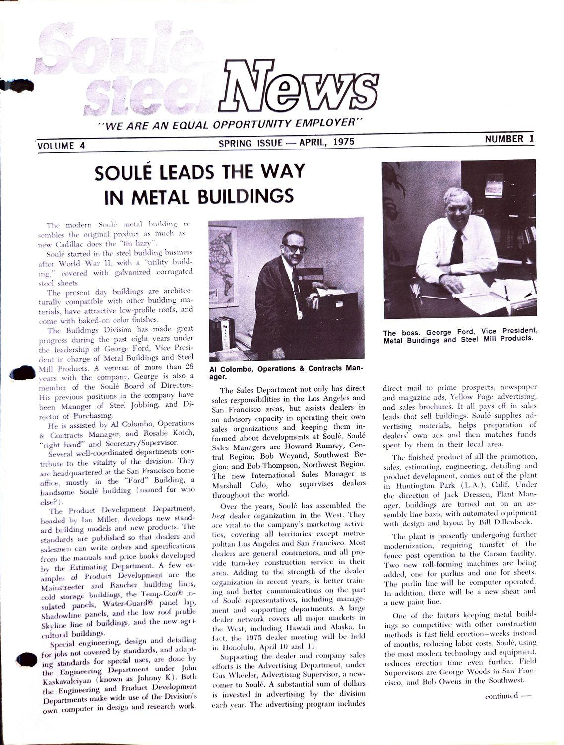 1975 newsletter cover with headline and two photos of men in a factory.