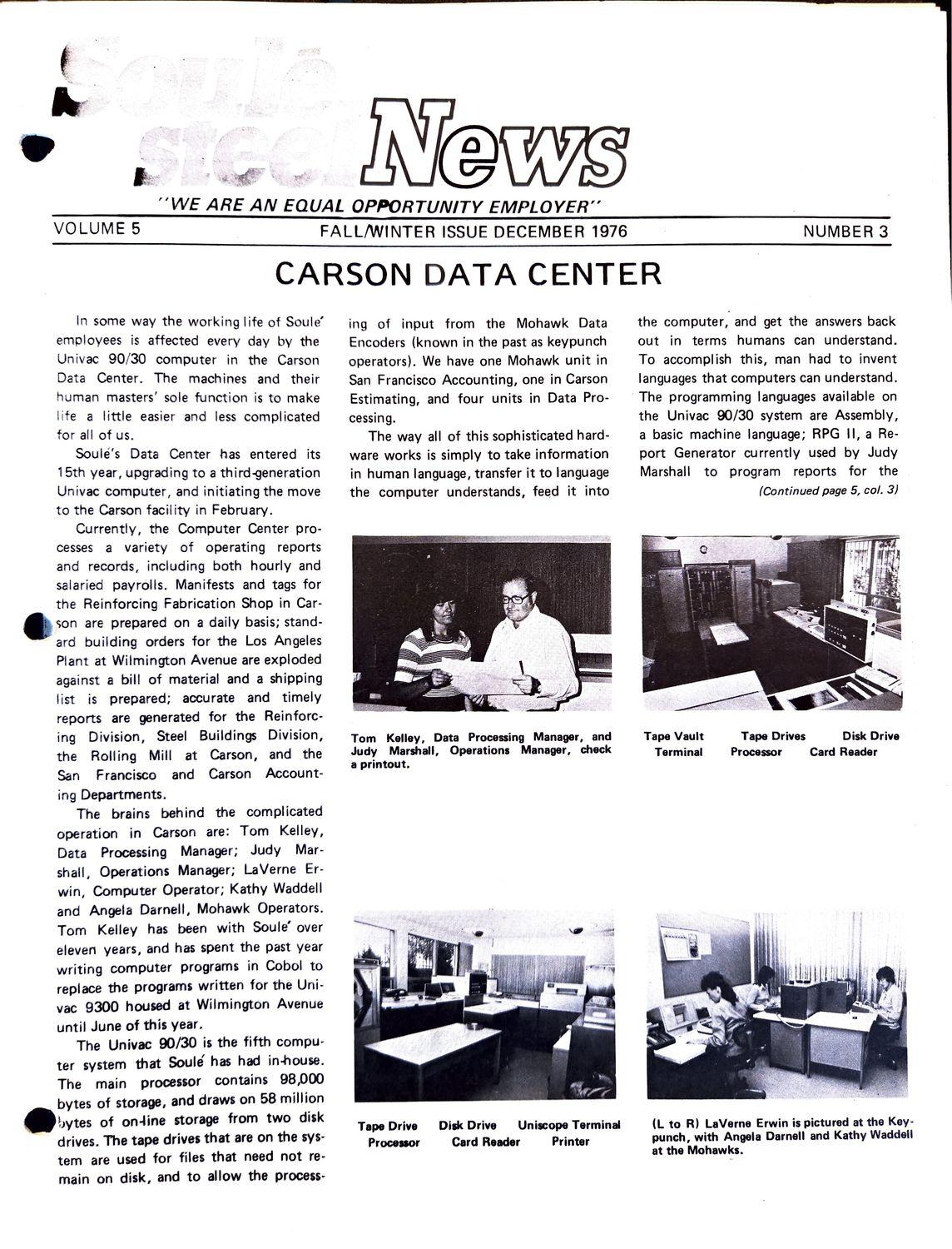 Newsletter cover titled News with headline Carson Data Center and photos of computer operators.