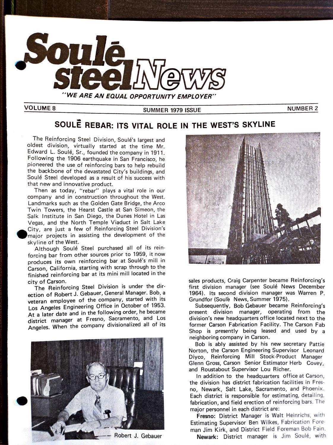Newsletter cover with masthead, rebar headline, and photo of a steel construction site.