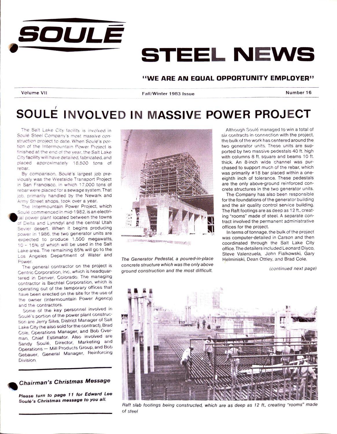 Newsletter cover with power project headline and construction photos of concrete and steel structures.