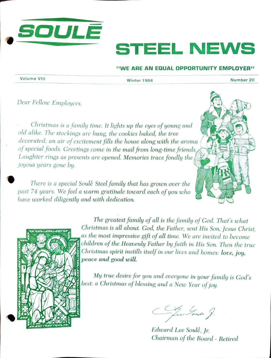 Soule Steel News cover with Christmas letter and green illustrations of children and nativity.
